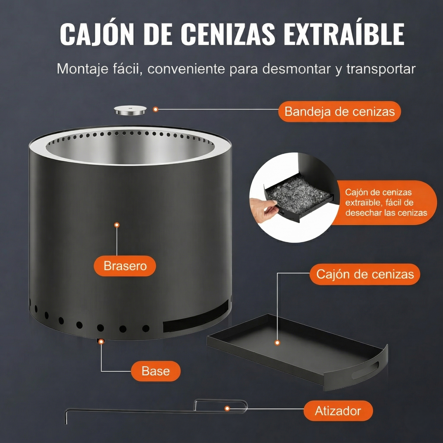 Brasero sin humo - Fogón  - Negro - Acero inoxidable 70 cm