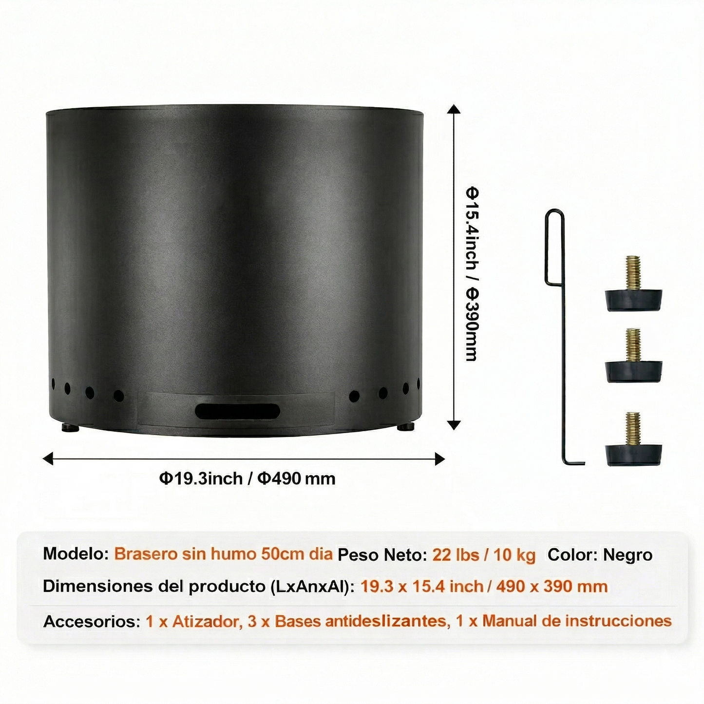Brasero sin humo - Fogón  - Negro - Acero inoxidable 50 cm