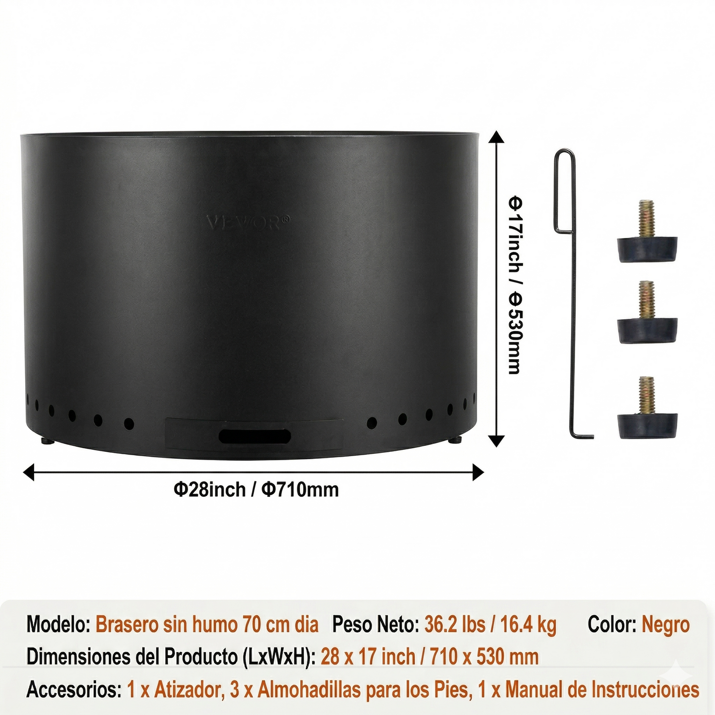 Brasero sin humo - Fogón  - Negro - Acero inoxidable 70 cm