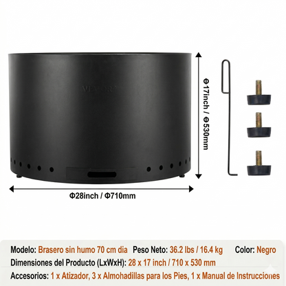 Brasero sin humo - Fogón  - Negro - Acero inoxidable 70 cm